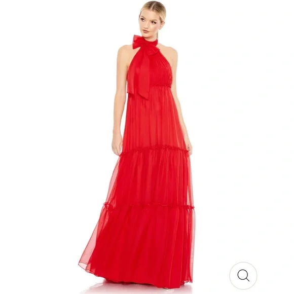Mac Duggal | Dresses | Mac Duggal Ruched Ruffle Tiered High Neck Bow A Line  Red Halter Dress Gown 4 | Poshmark